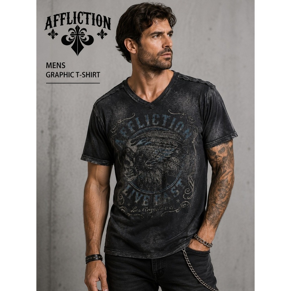 Affliction Mens Skull Graphic Grunge T-Shirt Black Gray Los Angeles Size Large